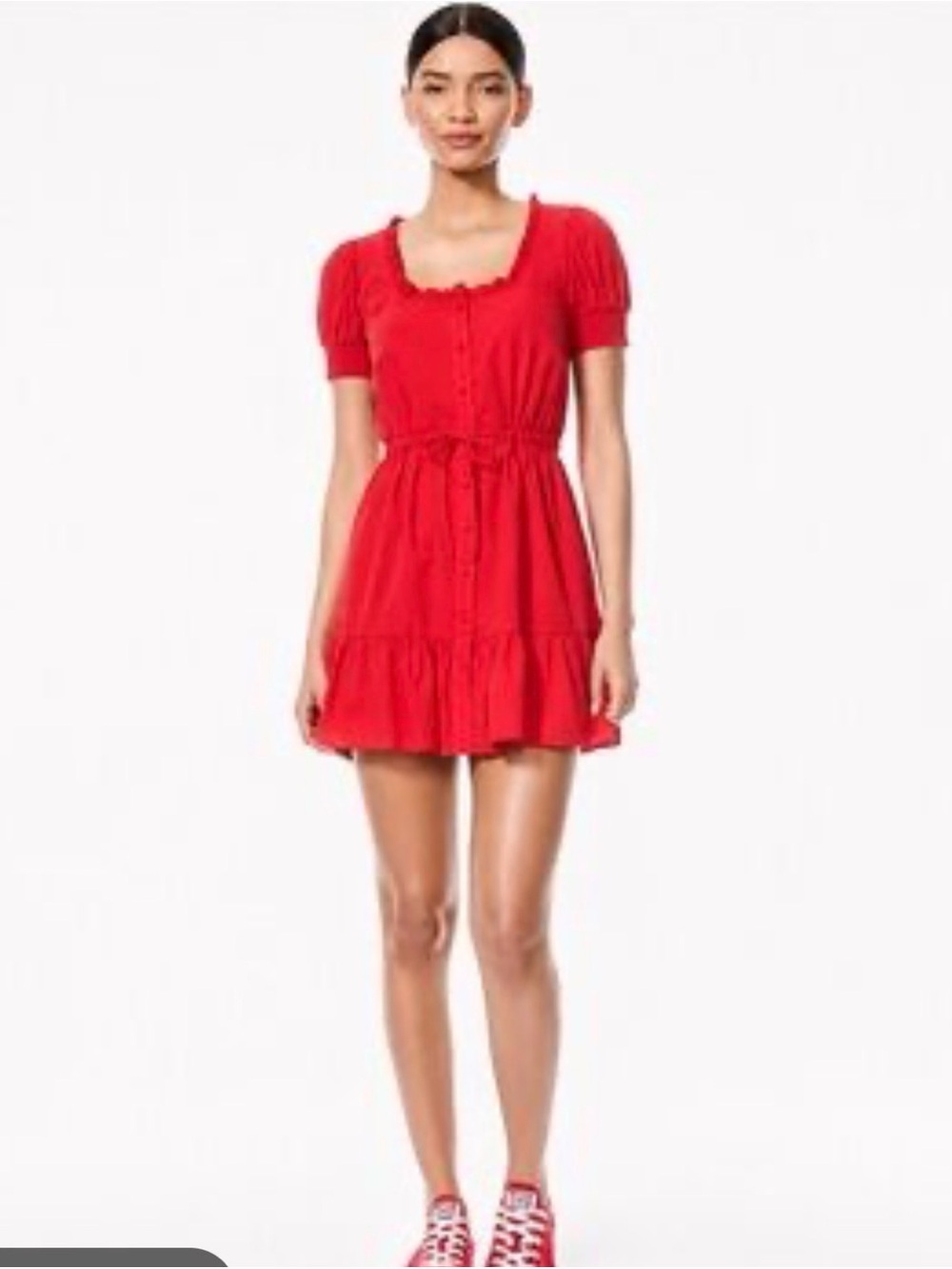 Alice + Olivia Red Short Puff-Sleeve Tie-Waist Mini Dress